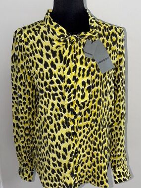 Zadig & Voltaire Taos Jonquil Yellow and Black Leopard Tie-Neck Blouse